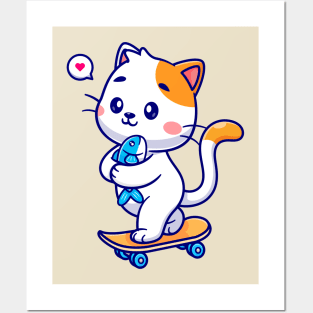 Cute Cat Holding Fish On Skateboard Cartoon Posters and Art